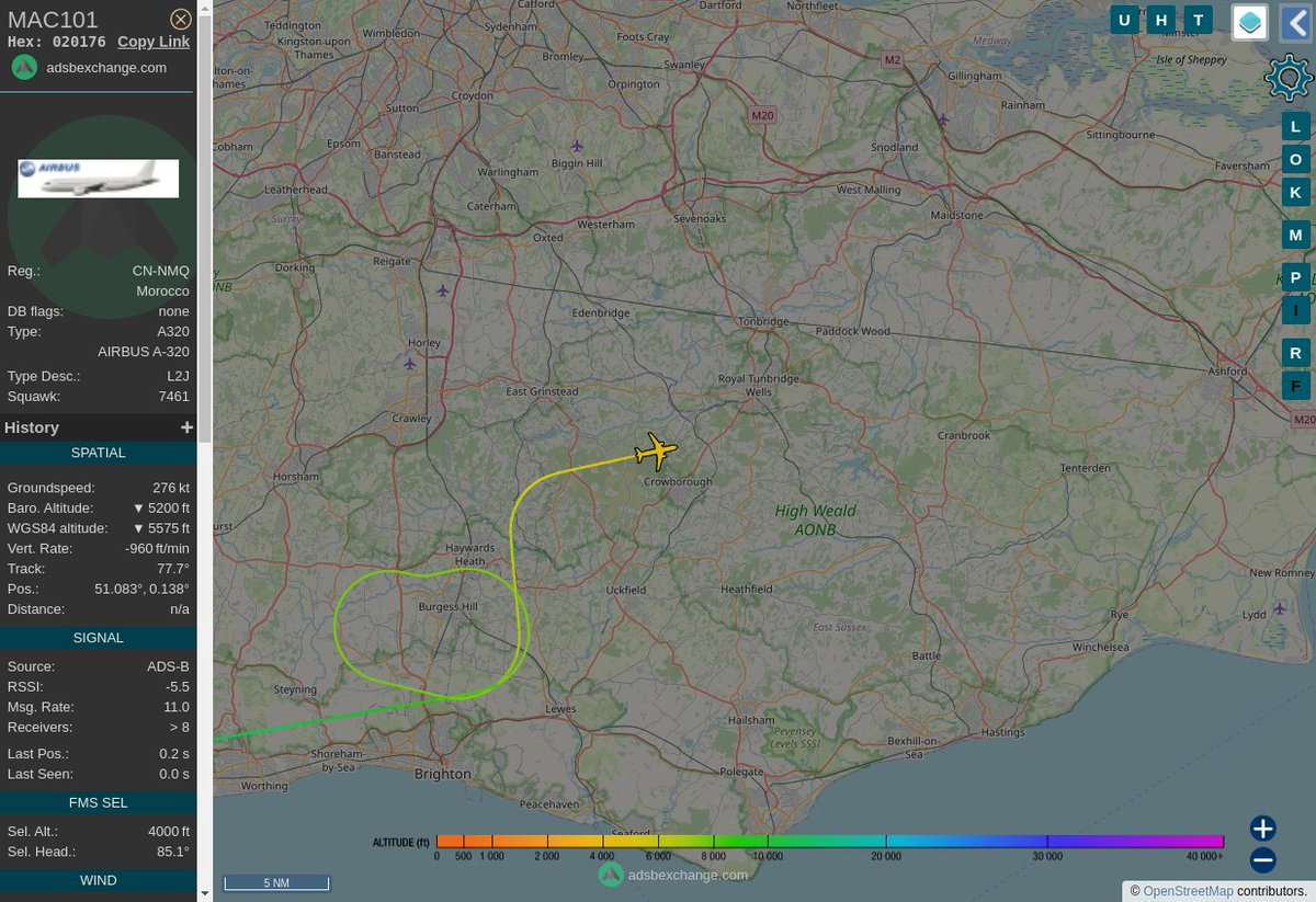 Radar_Assistant's tweet image. MULTI ADSBX MANOEUVRING ALERT : At time Sat Oct 29 10:28:31 2022 #MAC101   was likely to be manoeuvring at FL78 7nm from MAY Mayfield_VOR-DME_GB
 near Hole Farm, Plumpton Road, Chailey, Chailey Common, #AvGeek #ADSB globe.adsbexchange.com/?icao=020176&amp;amp;z…