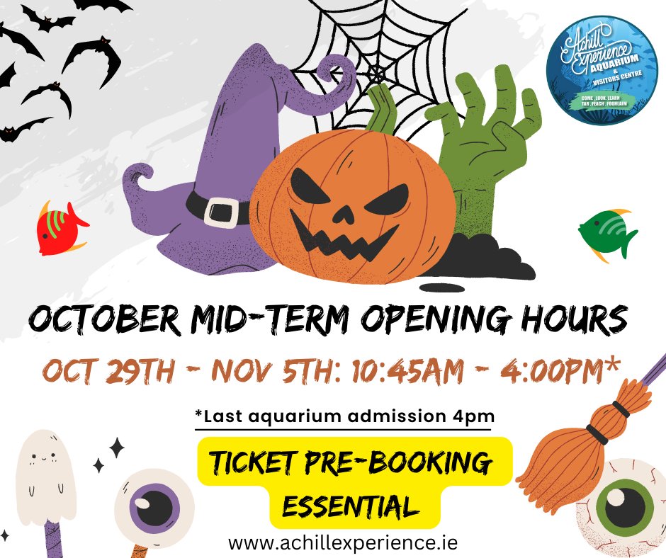 🎃 October Mid-Term Opening Hours🎃

The Achill Experience will be open everyday over the mid-term break from 10:45am, last admission 4pm 🐠🦞🦈

TICEKT PRE-BOOKING RECOMMENDED 🎟 achillexperience.ie/future-ticketi…

#midterm #october #Halloween #halloween2022  #adventure #achill #familyfun