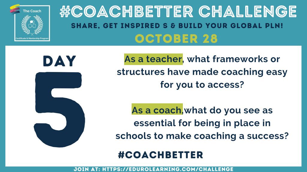 Day 5: #coachbetter Challenge
It is important that coaching within a school aligns with the mission, values, and strategic focus; and coaching supports this work <a href="/EduroLearning/">Eduro Learning</a> <a href="/mscofino/">Kim Cofino (she/her)</a>