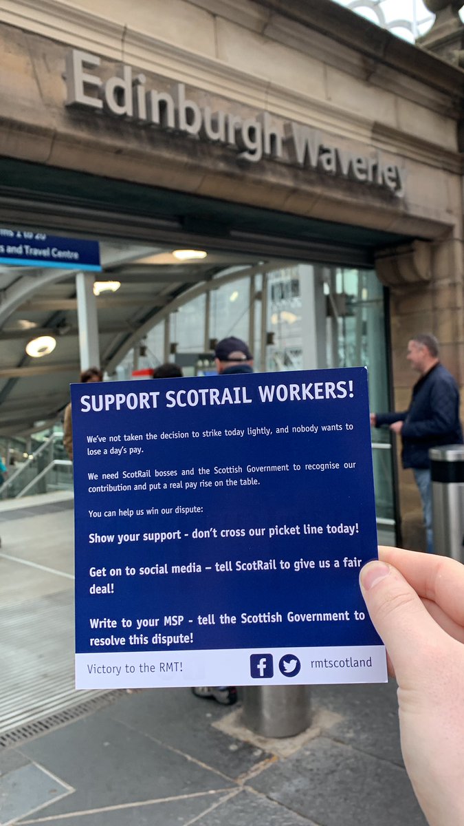 Thousands of @ScotRail staff are taking strike action today in support of a real terms pay rise. Nobody wants to lose a day’s pay. But we need the railway bosses to recognise our contribution and put a real pay rise on the table. #scotrailstrike