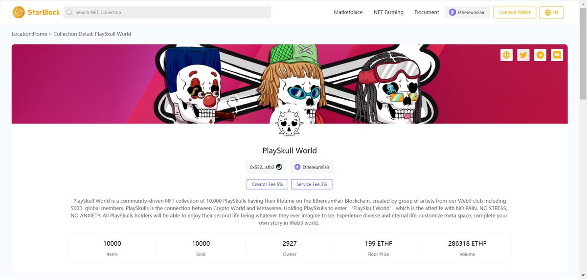 #PlaySkullWorld Status!!!
-Our floor price just hit 200 $ETHF
-Total trading amount hit 286K $ETHF

Huge thanks to our community effort! 
Let's go to moon! 
HLOD yours!
@EthereumFair <a href="/StarBlockNFT/">StarBlock | NFT Marketplace</a> 
👉starblock.io/collection/eth…
#StarBlock #NFTMarketplace $STB #NFTFarming #ETH #NFT