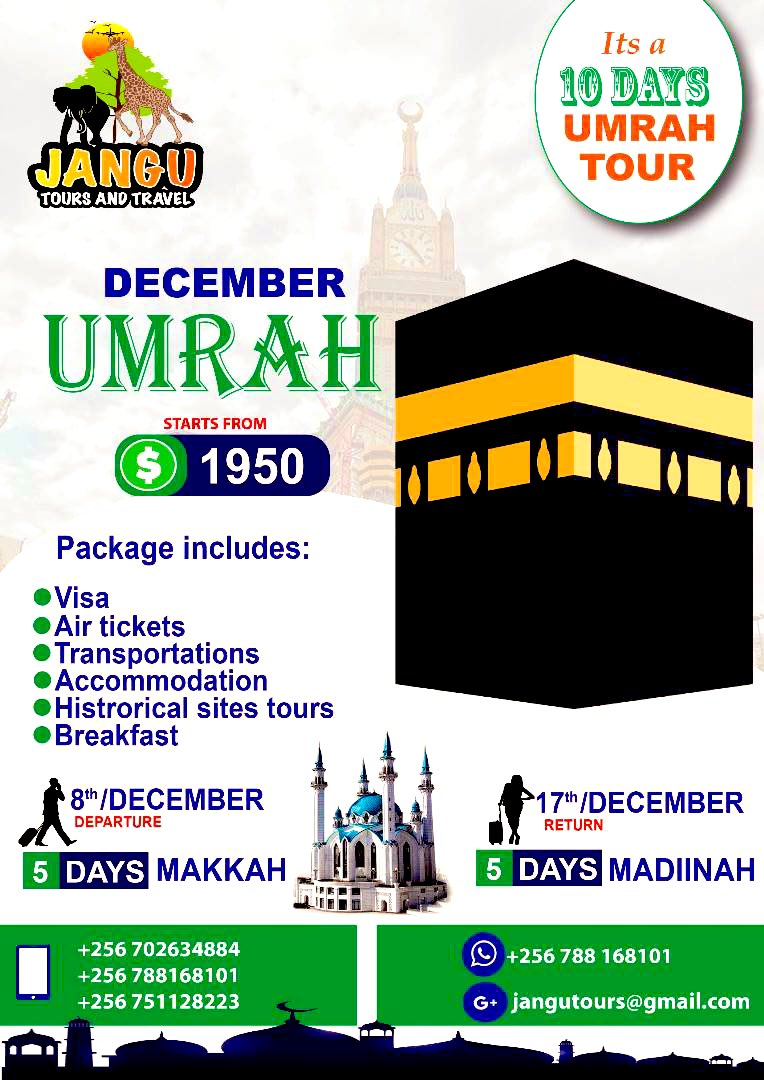 Our Team at JaTT presents you with the JANGU-UMRAH DECEMBER package to our Muslim Family. 
Our Umrah package caters for all necessities in this your Holy Pilgrimage. 
Visit us at Our Offices at Access Building Rubaga Rd for inquiries and bookings or Contact us on +256-702634884