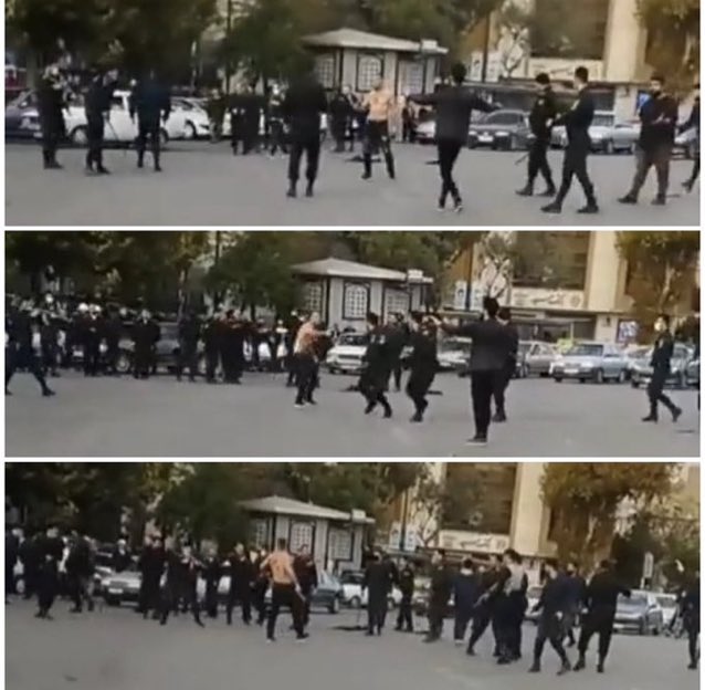 Mp91609035's tweet image. When you watch first video, you see how pathetic and coward are those thugs although they’re armed. 

People take him to the hospital , however IRGC attempted to kidnap his critically injured body from #Kosar hospital/