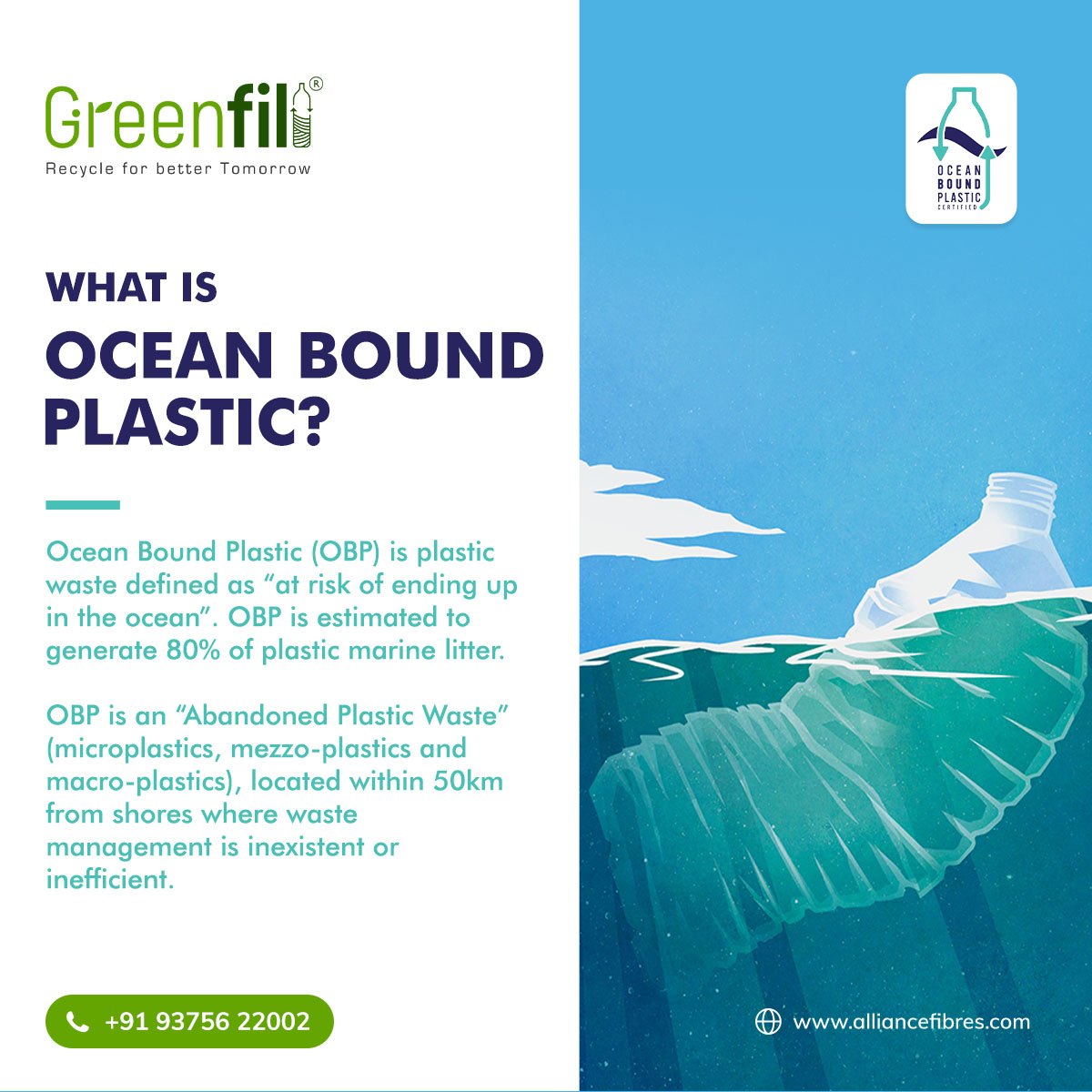 AllianceFibres's tweet photo. #OceanBoundPlasticCertifiedWe are proud to be Ocean Bound Plastic Certified. OBP  is all abandoned plastic waster within 50km from shores where management of waste is insufficient.
#alliance #greenfil #OBP #SaveOcean #SaveMarinelife #Reycle #circulareconomy https://t.co/AiOooRSvHk
