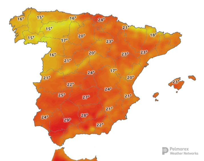 CASAKAZU's tweet photo. もう10月も終わりだというのに、北部のガリシア地方を除いて、スペインはまだ夏が続いているような気温になってます。😲🌡️ https://t.co/oSvzuRh7uz