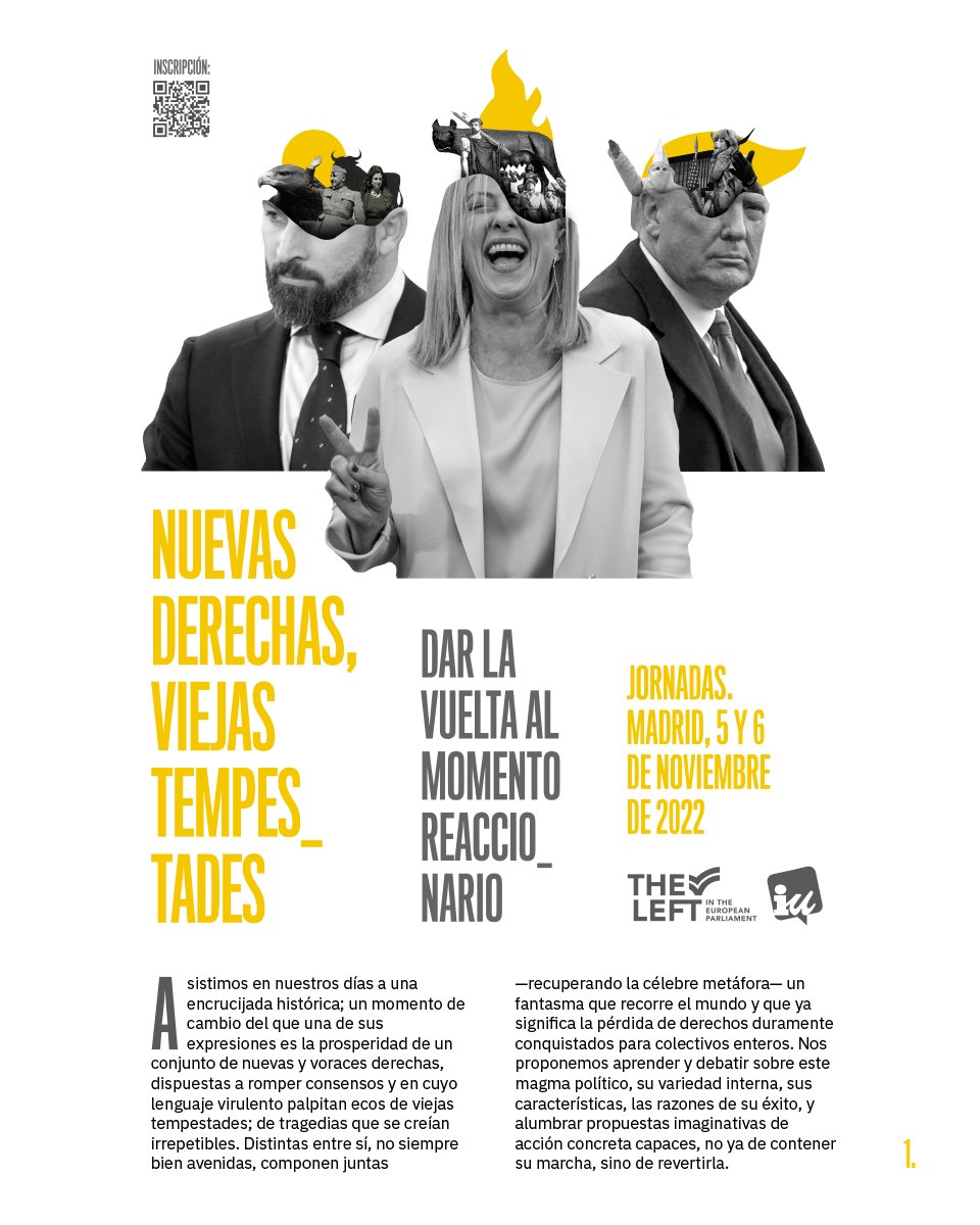 IzquierdaUnida's tweet photo. ‼️ ¡Presentamos el programazo de las jornadas #NuevasDerechas, #ViejasTempestades!

📔 Puedes ver el programa completo aquí: https://t.co/m5hFCFthy8

📆 Madrid, 5 y 6 de noviembre.

✍️ Inscripciones en https://t.co/EsybUXO31p https://t.co/pIIHhvVPMQ
