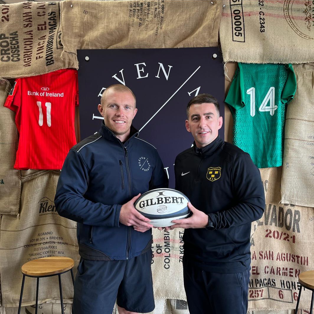 Todays match ball has been kindly sponsored by @Eleven14Coffee Ger Slattery is pictured here with Keith Earls of eleven14, thank you for the support