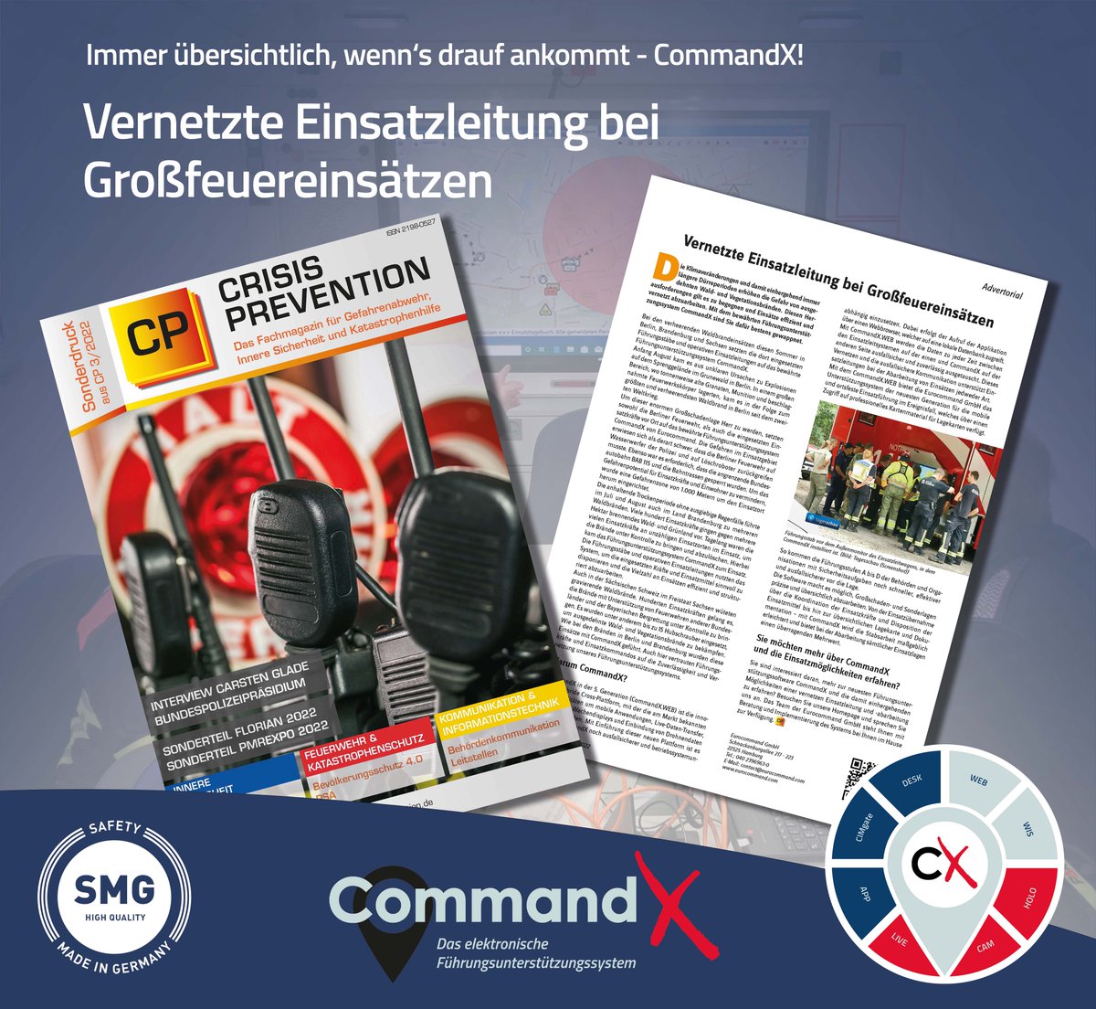 EurocommandGmbH's tweet photo. In Ausgabe 03/22 der CP findet ihr einen Bericht zu vernetzten Einsatzleitungen bei Großfeuereinsätzen. Ausfallsichere und vernetzte Kommunikation mit CommandX. Mehr dazu: https://t.co/CzMvVlTYtG
#commandx #eurocommand #vernetzung #ausfallsicher #waldbrand #führungsunterstützung https://t.co/X0ovLlA45O