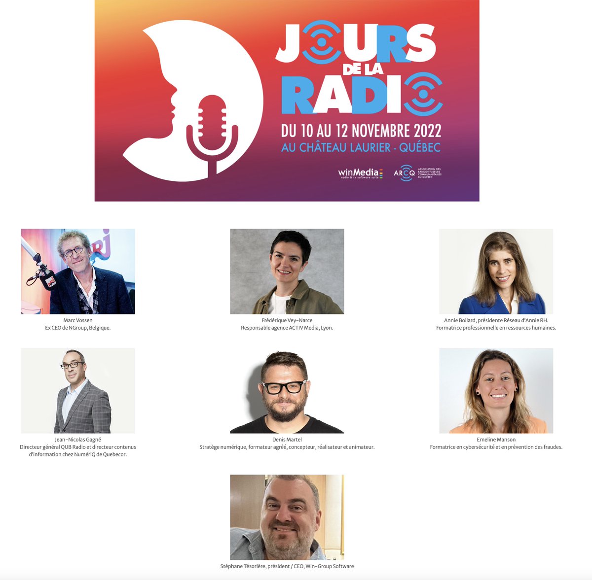 MichelColin's tweet photo. Un programme qui n'a rien à envier aux grands événements internationaux des pros de l'industrie ; les Jours de la Radio à Québec du 10 au 12 novembre 2022.
https://t.co/jHTDWqBCXm
#JDLR2022 #Quebec #ARCQ @StephaneTesoriere @FrederiqueVeyNarce @MarcVossen https://t.co/OzhOz230zl