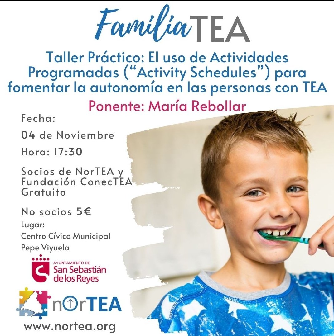 FamiliaTEA - Taller Práctico: El uso de Actividades Programadas (“Activity Schedules”) para fomentar la autonomía en las personas con TEA.

Inscripciones aquí ⬇️ forms.gle/MzhMabhi1rw2fi…

#NorTEA
#SomosFamilias #JuntosSomosMás
#BienestarEmocional