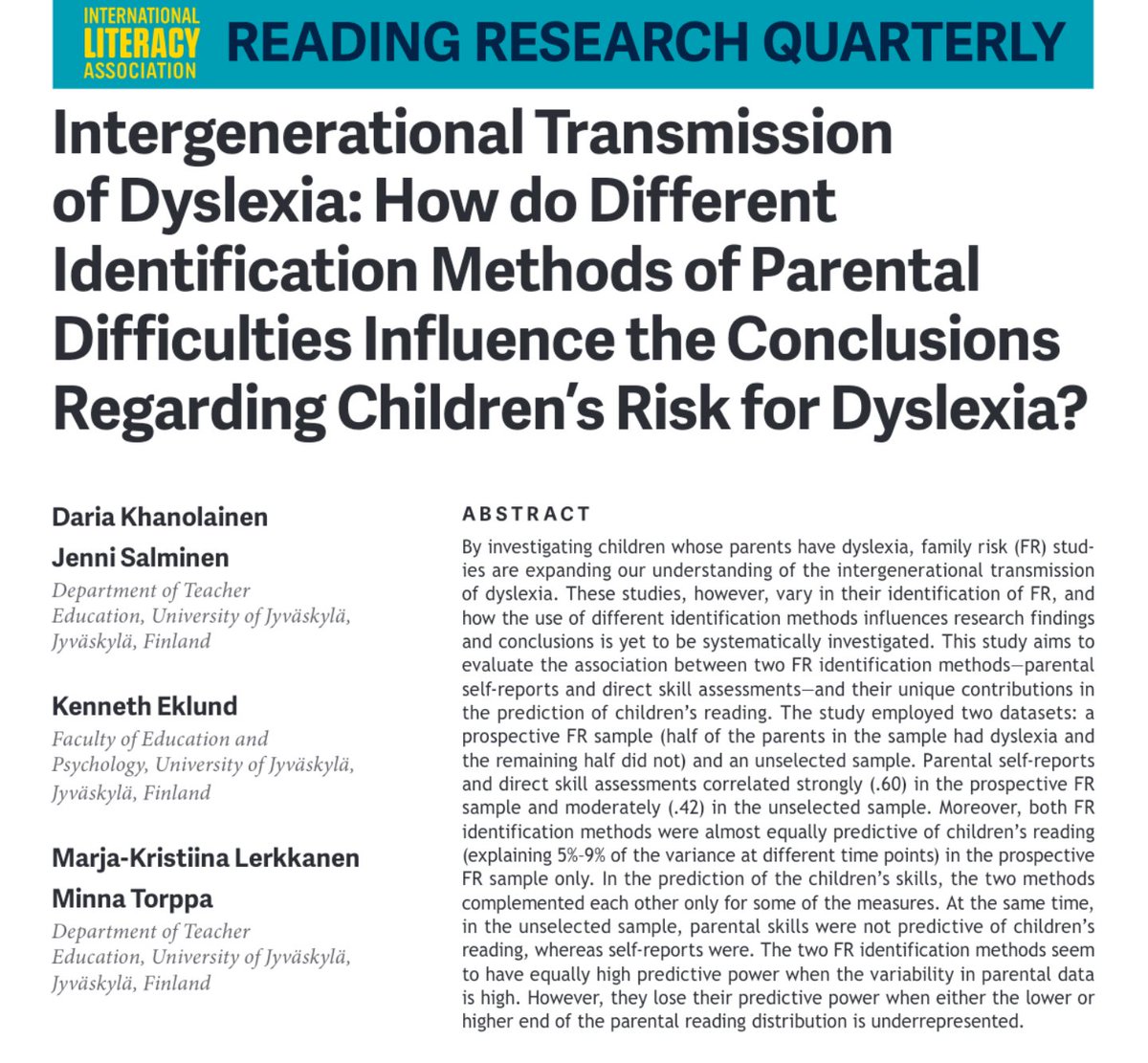 DKhanolainen's tweet photo. New publication 📣🎉:
We evaluated how the use of different identification methods of parental reading difficulties (direct reading skill assessments and parental self-reports) can impact research findings and conclusions
@minnatorppa @neoprismc
@ILAtoday
https://t.co/08NLFswUU2 https://t.co/woOPtNRWkZ