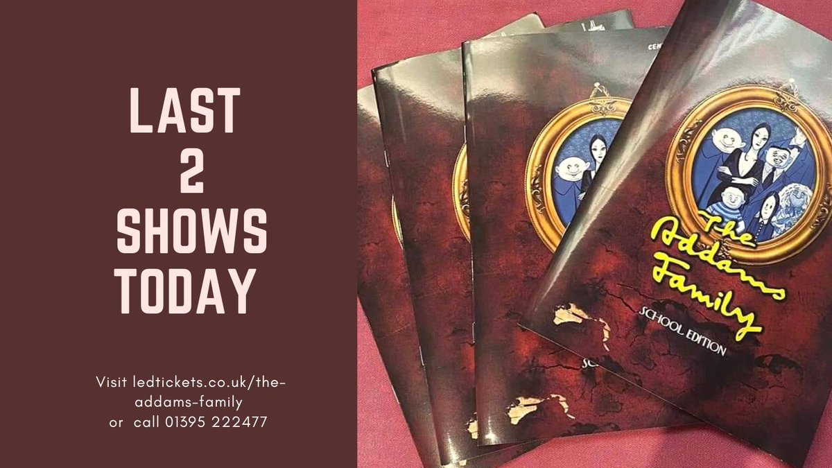 #Exmouth final two shows today! 2.30pm and 7.30pm. Don't miss out on the #TheAddamsFamily success by coming to see us!
Buy tickets on the door, via ledtickets.co.uk/the-addams-fam… or calling 01395 222477. 
<a href="/exmouthpavilion/">Exmouth Pavilion</a> 
#MusicalTheatre
#Saturday 
#Halloweenfun