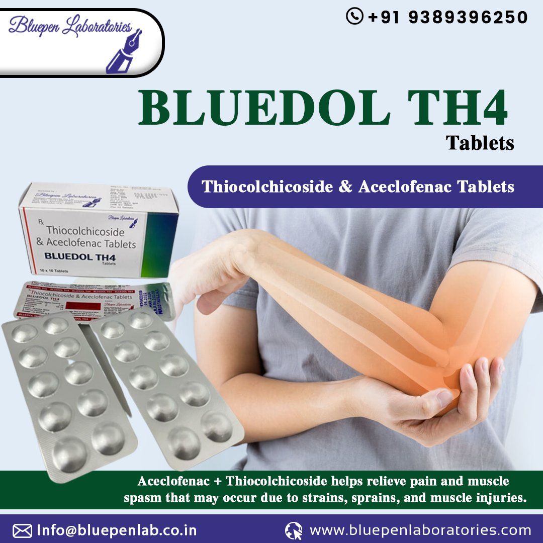 BluepenLtd's tweet photo. #BLUEDOL TH4
#Aceclofenac + Thiocolchicoside helps relieve pain and muscle spasm that may occur due to strains, sprains, and muscle injuries. It is usually used along with rest and physical therapy.
๐https://t.co/drZN3LYOhX
#bluepenlaboratories #Thiocolchicoside https://t.co/CQcV2zp9t5