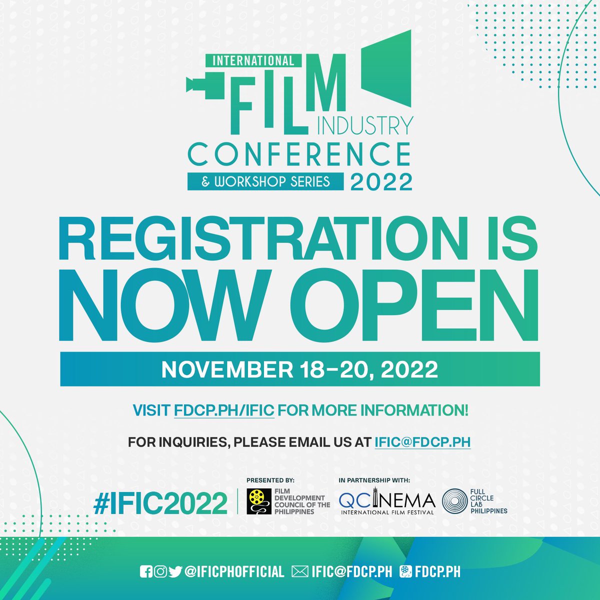 IFICPHOfficial's tweet image. THE INTERNATIONAL FILM INDUSTRY CONFERENCE 2022 IS NOW ACCEPTING PARTICIPANTS! 

The 6th edition of the IFIC is now open for registration for its public sessions and masterclasses, featuring some of the world’s best mentors in the film industry, happening on November 18-20, 2022.