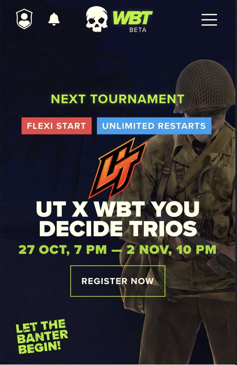🚨LIVE NOW🚨 

UTxWBT Trios choose which map you play 🏆

Tournament is live now until 2nd November so time to get signed up 💪 

Sign up here - wbt.gg

Need teammates join the discord on the link 👇
discord.gg/utgaming