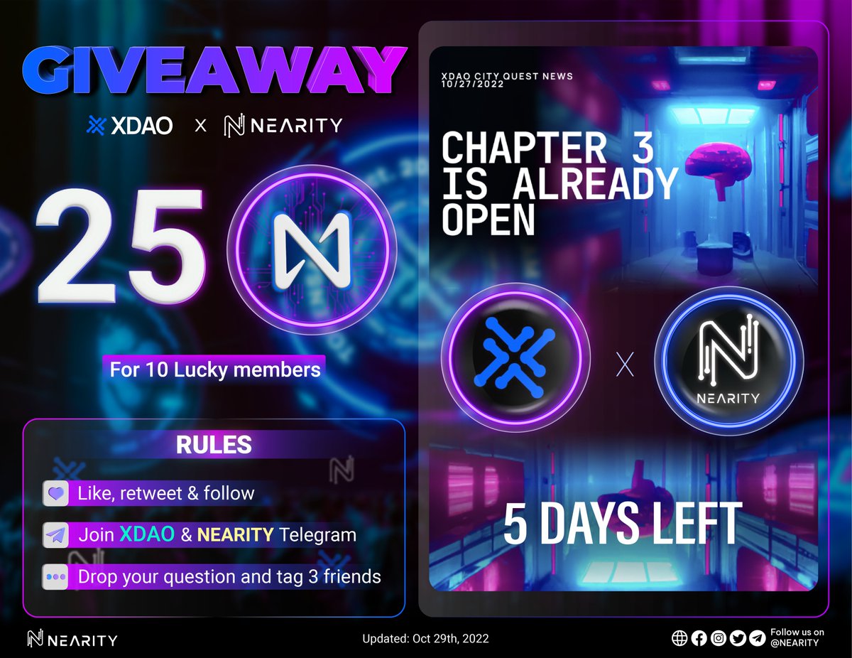 Aurority_com's tweet photo. ✨NEARITY X XDAO #GIVEAWAY✨
🎁25 $NEAR - 10 lucky people🎁
🛑48hrs & Rules:
1️⃣👍, RT & FL @xdaoapp& @Nearity_org
2️⃣Join TG https://t.co/ywqfLHbbz4 & https://t.co/IvZWFhQIj2
3️⃣Comment & tag 3 of your friends
⤵️DIRECT LINK BELOW⤵️
#NEAR #Neaity $NEAR #giveaway #Giveaways #NFTs https://t.co/y7wzSZtTyf