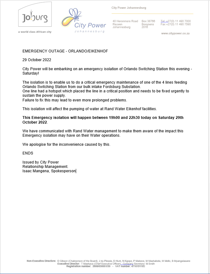CityPowerJhb's tweet photo. #JoburgUpdates #JoburgServices #EmergencyOutage
Emergency isolation of Orlando Switching Station. ^GR https://t.co/c7Metzsqy5