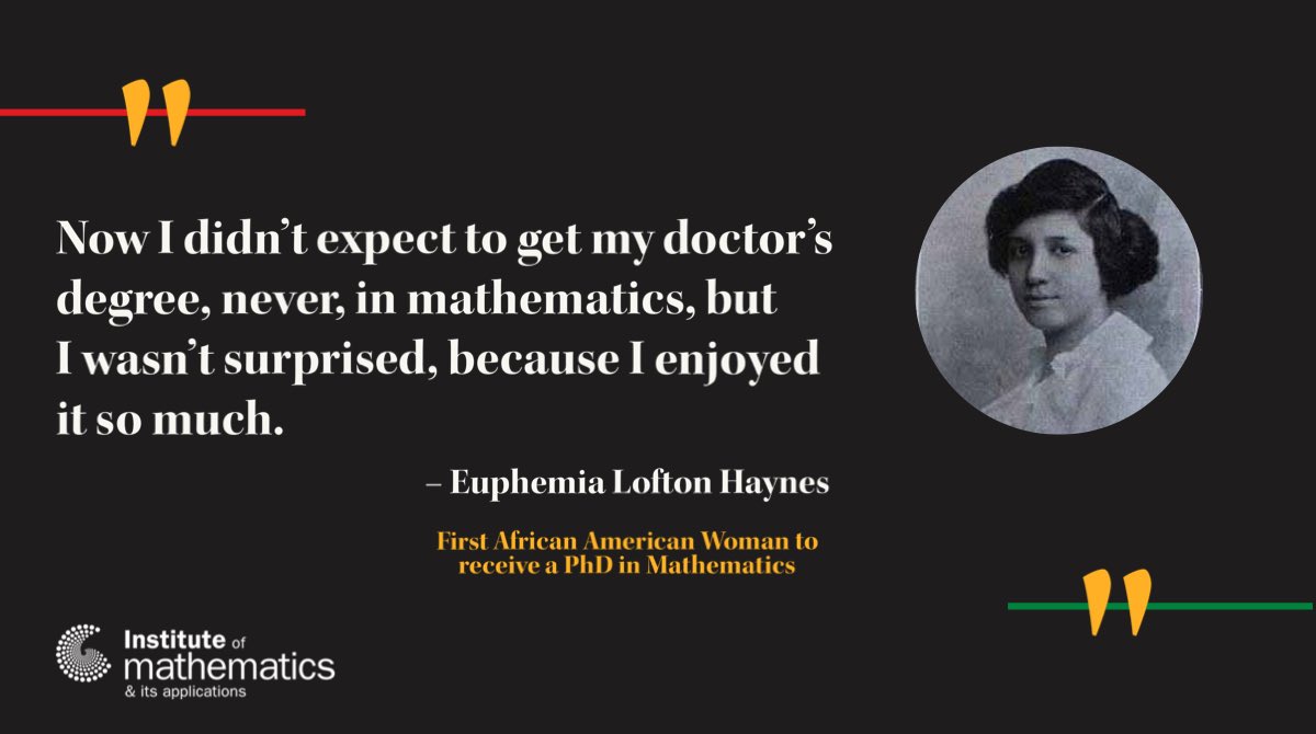 IMAmaths's tweet photo. ‘Euphemia Lofton Haynes faced three obstacles in becoming a PhD mathematician. She was female, she was Black and she was in her 50’s’
https://t.co/6GWiftUff4
#blackhistorymonth #womeninstem #womeninmaths #herstory #blackheroesmaths #blackrolemodels #mathematician #maths https://t.co/swsNoYG9RV