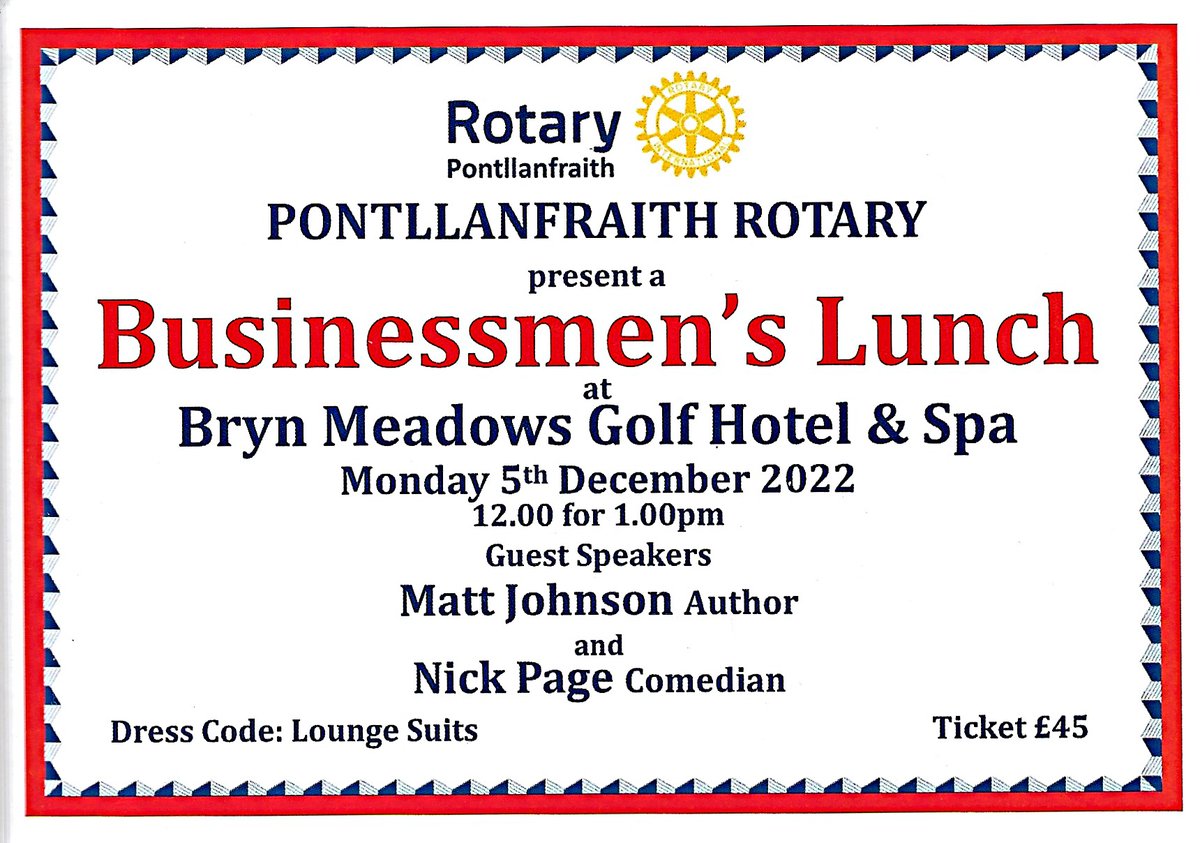 PontRotary's tweet photo. Tickets available, Telephone: Spencer 07855 259895
or Colin 07971 684884.
(You do not have to be a Businessman😀) https://t.co/ZbEPL0j7YB