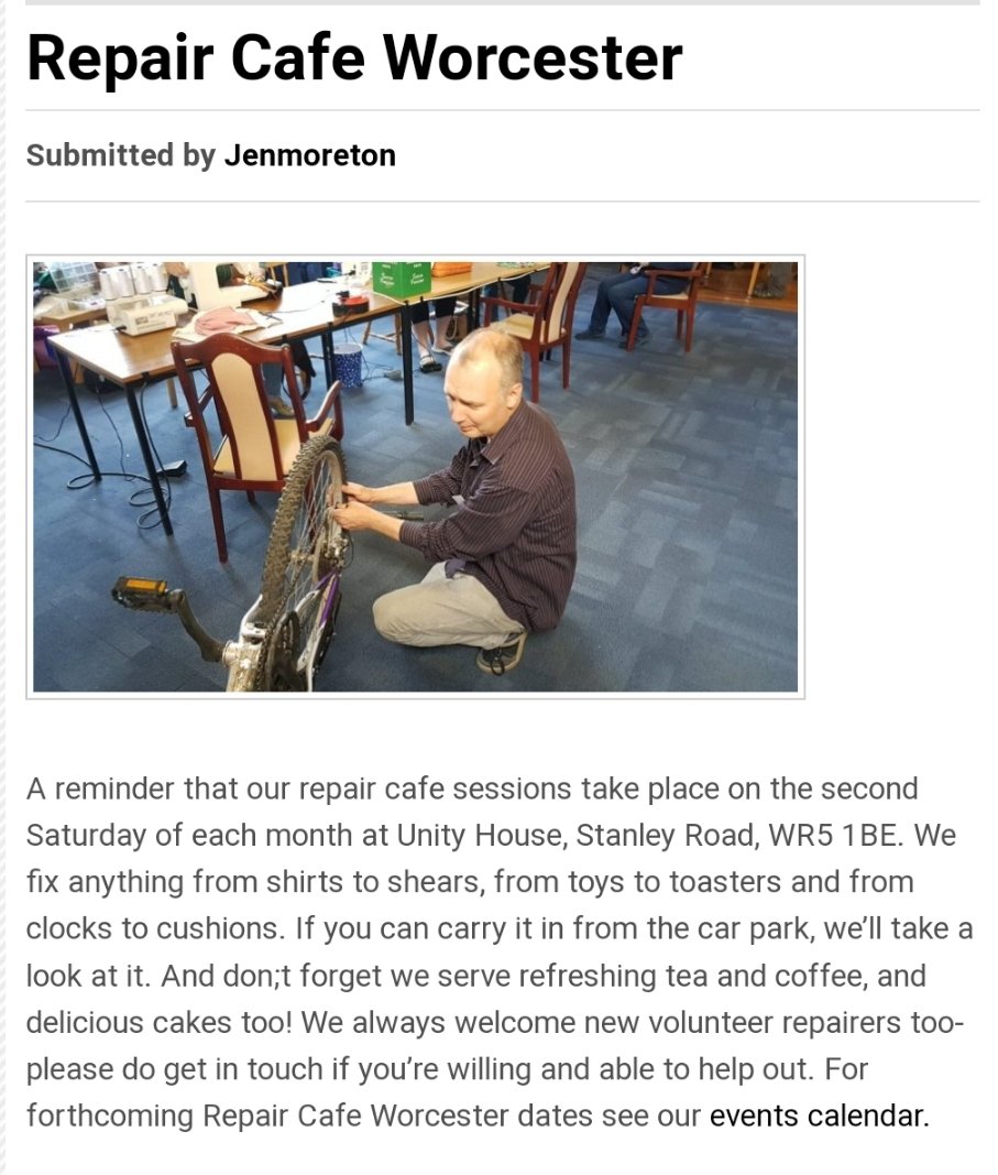 LouiseACPrice's tweet photo. @Mikeilloyd Is it the central location you like or the fixing stuff thing? We have the Repairs Cafรฉ. Next one Saturday 12 November. ๐ @transitiontowns #TransitionNetwork @worcsgreenparty https://t.co/xb0rbGP5MK