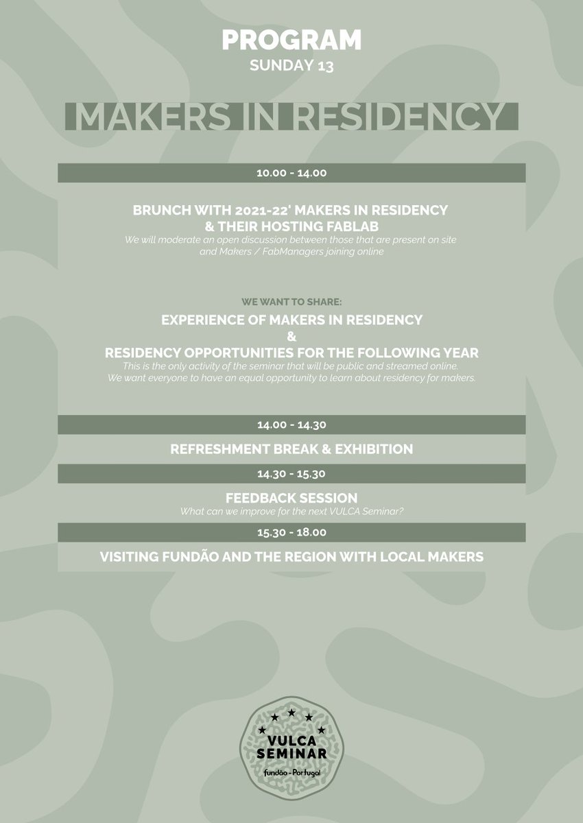 📝 VULCA SEMINAR [PROTO]PROGRAM 📝 
Find out more about the 5th European gathering of Makers &amp; Makerspaces in Fundao (Portugal) between 10 to 13 November 🇵🇹

🌐 Less than 10 tickets available. 
Info &amp; registration on our website : vulca.eu/seminar22/