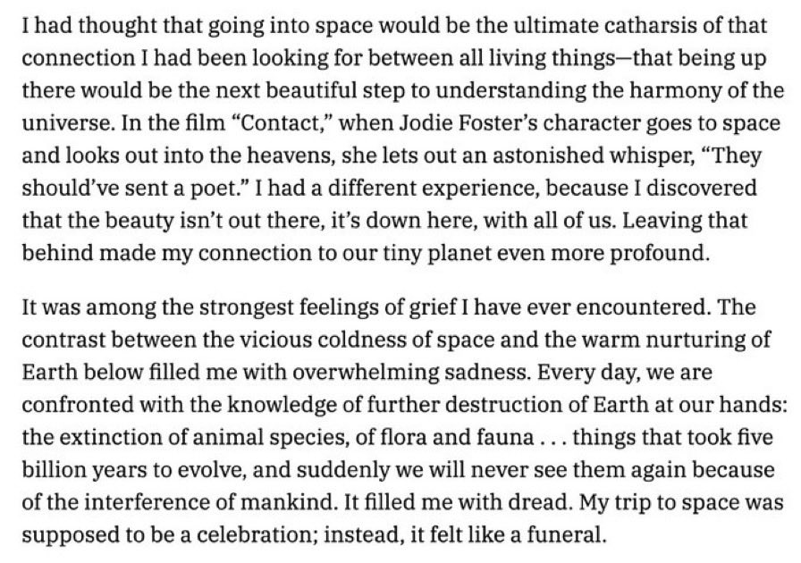 think_or_swim's tweet image. “My trip to space was supposed to be a celebration; instead, it felt like a funeral”. 

Beautifully observed by legendary actor William Shatner on ongoing destruction of our precious pale blue marble, our only home.