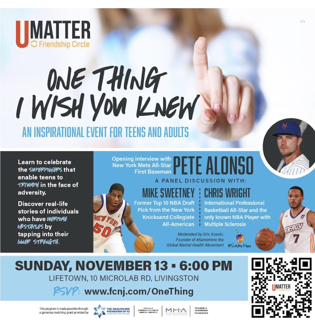 Excited to be moderating this impt MH discussion w Pete Alonso from the <a href="/Mets/">New York Mets</a>, Mike Sweetney from the <a href="/NBA/">NBA</a> &amp; <a href="/nyknicks/">NEW YORK KNICKS</a> &amp; Chris Wright- the 1st (former) NBA player to talk openly abt a battle w MS. If you’re in NJ, join us in person <a href="/fcnj/">Friendship Circle NJ</a>. Link below. <a href="/TheoFleury14/">Theo Fleury</a> <a href="/darrenrovell/">Darren Rovell</a>