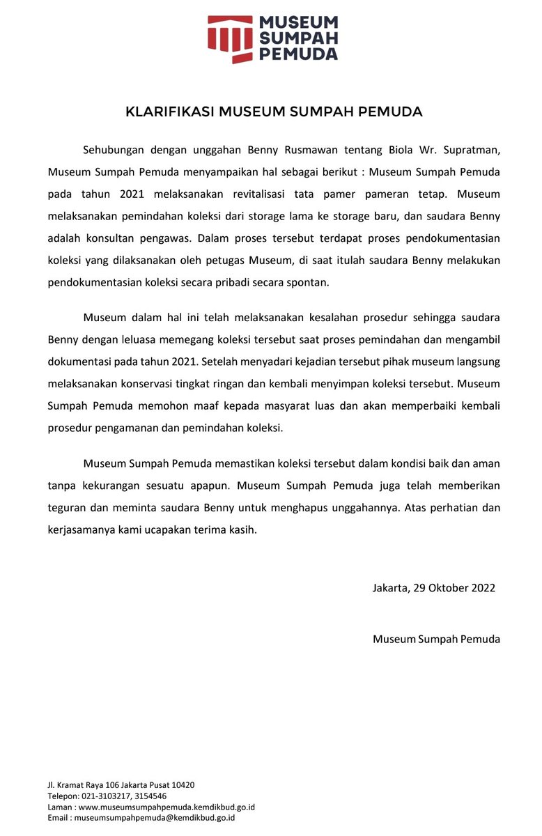 Halo #SahabatMuseum..

Museum Sumpah Pemuda melakukan klarifikasi terkait dengan unggahan foto yang dilakukan oleh saudara Benny di akun media sosial pribadinya.

Berikut klarifikasi resmi dari Museum Sumpah Pemuda.