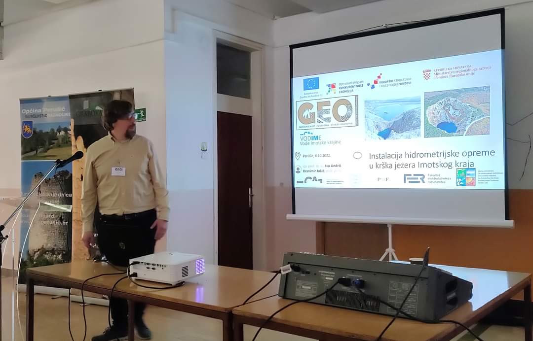Vodime3's tweet photo. At the Symposium GEODIVERSITY AND GEOHERITAGE organized by @geog_pmf and Cave Park Grabovača @andric_ivo and Branimir Jukić held presentations "Installation of hydrometric equipment in the karst lakes of the Imotski region" where they presented the progress of the VODIME project. https://t.co/rMIMKVWhDT