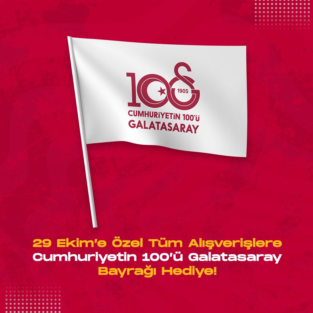29 Ekim’e özel bugün yapılan tüm alışverişlere GSStore.org’da Cumhuriyetin 100’ü Galatasaray bayrağı hediye! 🛒 bit.ly/2wjeCRs 🇹🇷 #Cumhuriyetin100üGalatasaray #29Ekim