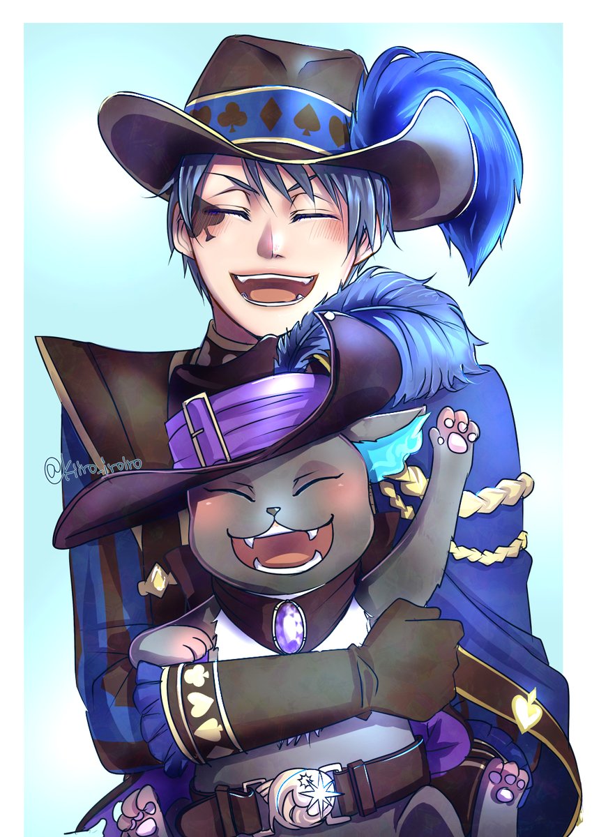 hat male focus closed eyes fangs 1boy smile blue hair  illustration images