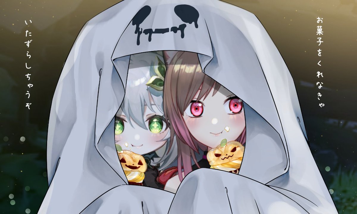 nahida (genshin impact) multiple girls 2girls green eyes food brown hair halloween food on face  illustration images