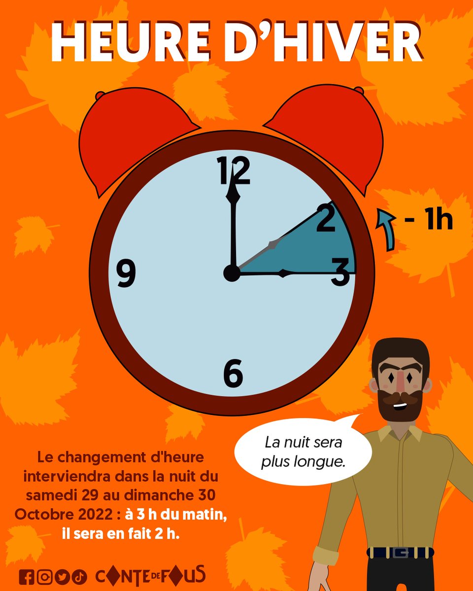 ConteDeFous's tweet photo. Attention au changement d'heure ! ⏰

#heuredhiver  #changementdheure #informations #nouvelles #actualités #automne #hiver https://t.co/KztaUOGKQ0
