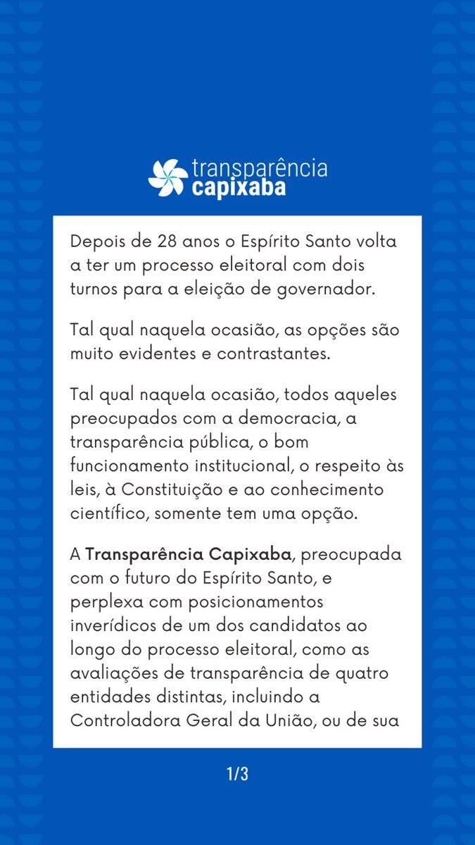 transcap's tweet photo. Transparência Capixaba se posiciona pelo voto em Casagrande, contra Manato

A preocupação com discursos contra a ciência, a democracia e as instituições do candidato de Carlos Manato nos levam, pela primeira vez em nossa história, a optarmos por não nos mantermos neutros. https://t.co/AUqusgknST