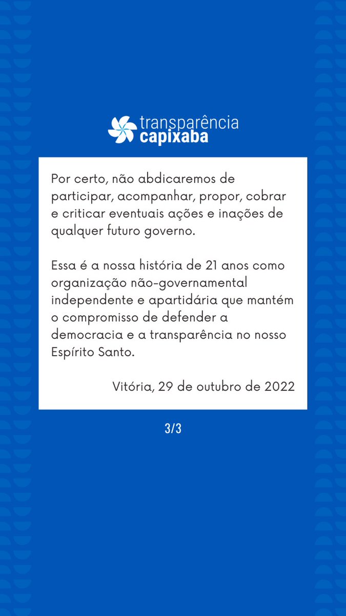 transcap's tweet photo. Transparência Capixaba se posiciona pelo voto em Casagrande, contra Manato

A preocupação com discursos contra a ciência, a democracia e as instituições do candidato de Carlos Manato nos levam, pela primeira vez em nossa história, a optarmos por não nos mantermos neutros. https://t.co/AUqusgknST