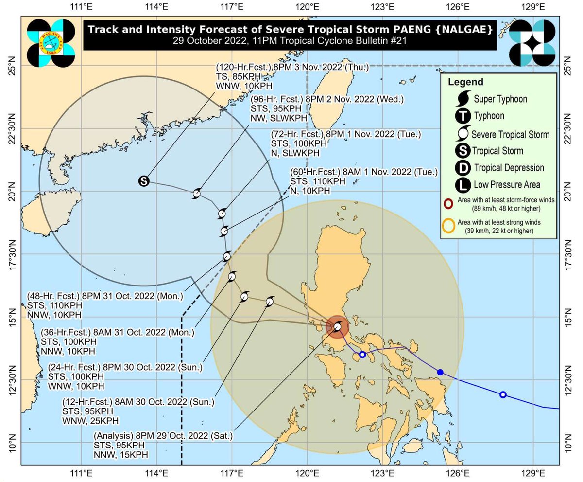 ABSCBNNews's tweet photo. At 10 p.m. tonight, Severe Tropical Storm #PaengPH was in the vicinity of Baliuag, Bulacan. It is moving NNW at 15 kph.

Signal no. 3 in most parts of Central Luzon and northern Metro Manila.

Paeng will emerge over the West Philippine Sea early morning tomorrow. | @arielrojasPH https://t.co/GRvA2BUsDx