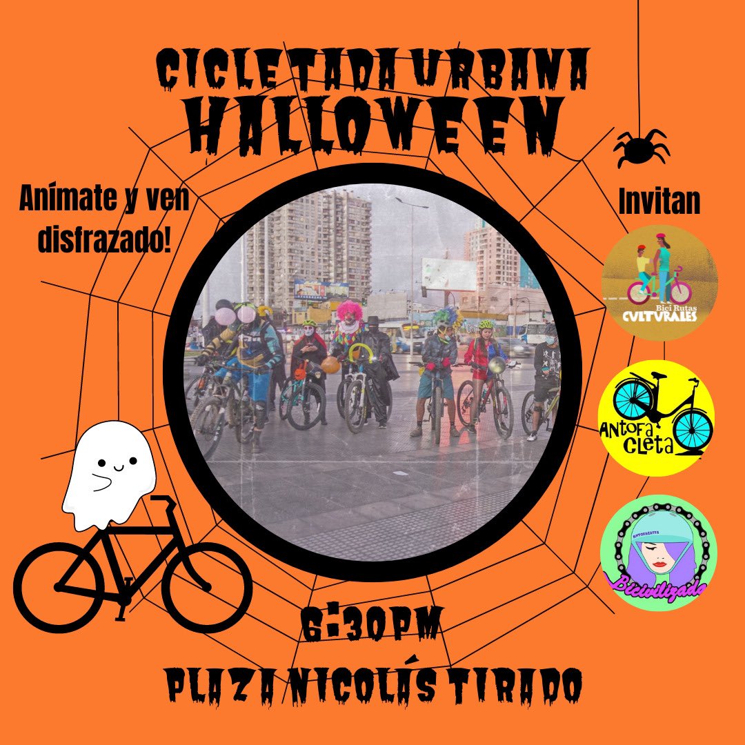 Este Lunes Cicletada de #halloween en #antofagata con <a href="/AntofaCleta/">AntofaCleta</a> y <a href="/BicirutasAfta/">BiciRutasAntofagasta</a> , estará de miedo 👻🎃🎃🎃🎃, anímate y trae dulces para repartir a los niños y niñas 🚲