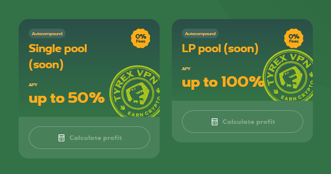 🦖Staking page🦖
🔥New important page is live! 
Take at a look on the staking page - tyrexvpn.com/earn

🏆On this page you could stake your TRT tokens and earn more! To activate staking, you will need to have VPN plan. 
💰Higher Plan = higher APY.
#bnb #tyrexvpn #bsc