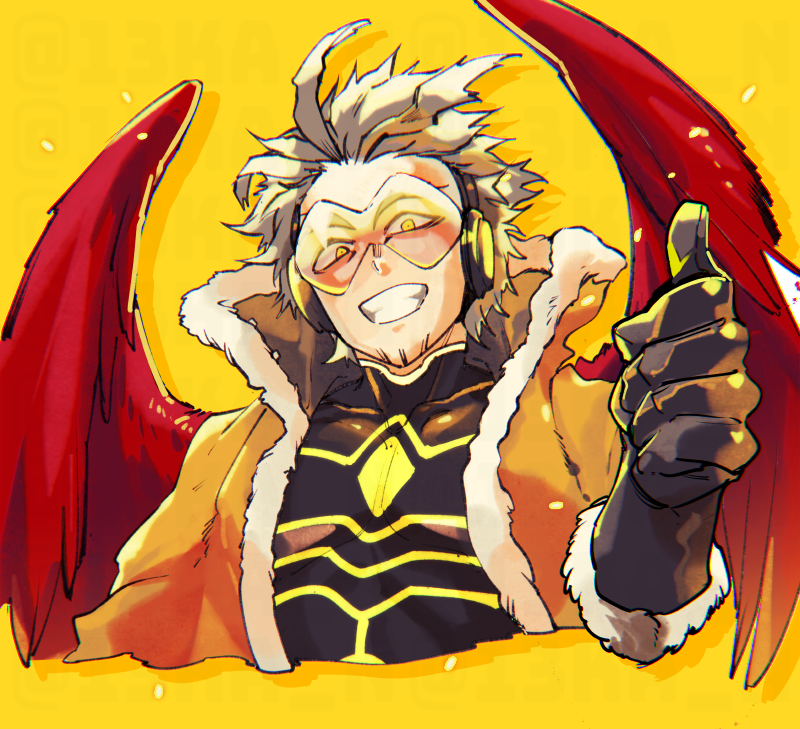 hawks (boku no hero academia) 1boy male focus solo blonde hair smile wings gloves  illustration images