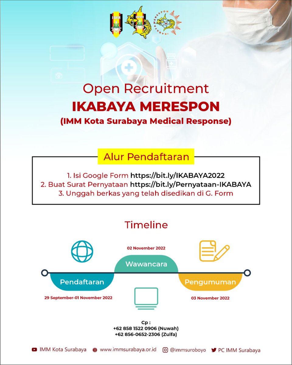 PC_IMMSurabaya's tweet photo. Open Recruitmen
IKABAYA MERESPON
Timeline
Pendaftaran
29-01 November 2022
Wawancara
02 November 2022
Pengumuman
03 November 2022
Alur Pendaftaran
1. Isi G.Form https://t.co/bhntALotIz
2. Buat Surat Pernyataan
https://t.co/zyVlceGsRa
3. Unggah berkas yang telah disedikan di G.Form https://t.co/bJj6e9glGt