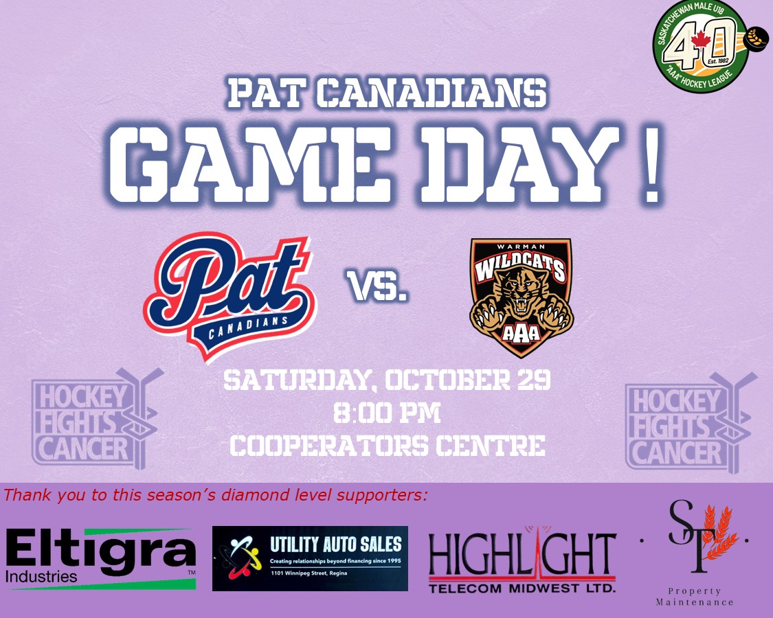 The Pat Canadians are back in action tonight, as they host the @AAAWarman Wildcats at 8:00PM at the Cooperators Centre. Tonight is the Cs annual Hockey Fights Cancer game which will see the Cs wearing lavender jerseys that will be auctioned off by Hockey Regina