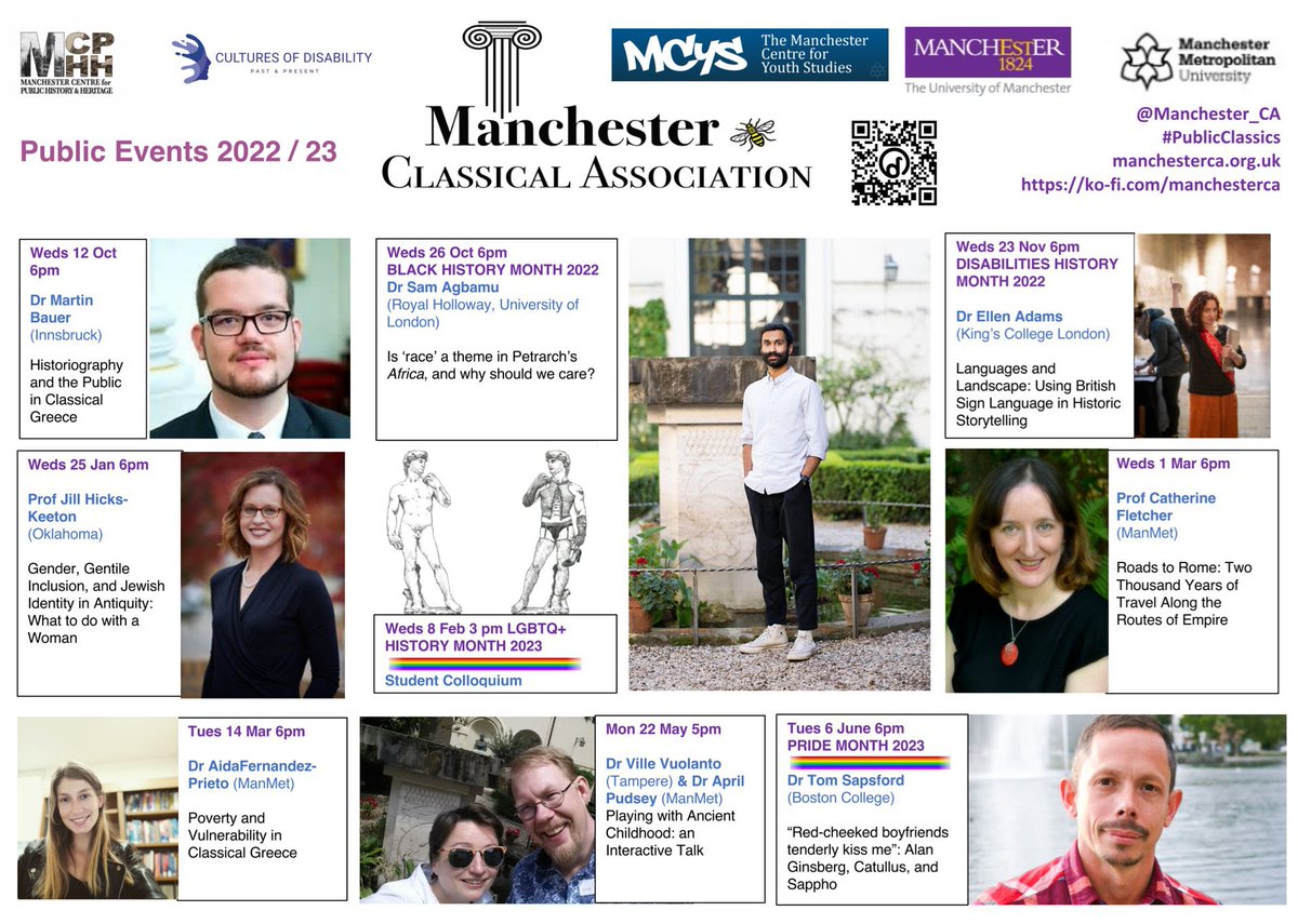 Ever wondered about life in the ancient world? Join the experts in our @Manchester_CA free #PublicClassics talks. All on Zoom + some also here @ManMetUni Full lineup: bit.ly/3eyW1KX Find us on @eventbrite 
@HistoryManMet @CulturesofDisa1 @mcphh_mmu @darkpeakbooks