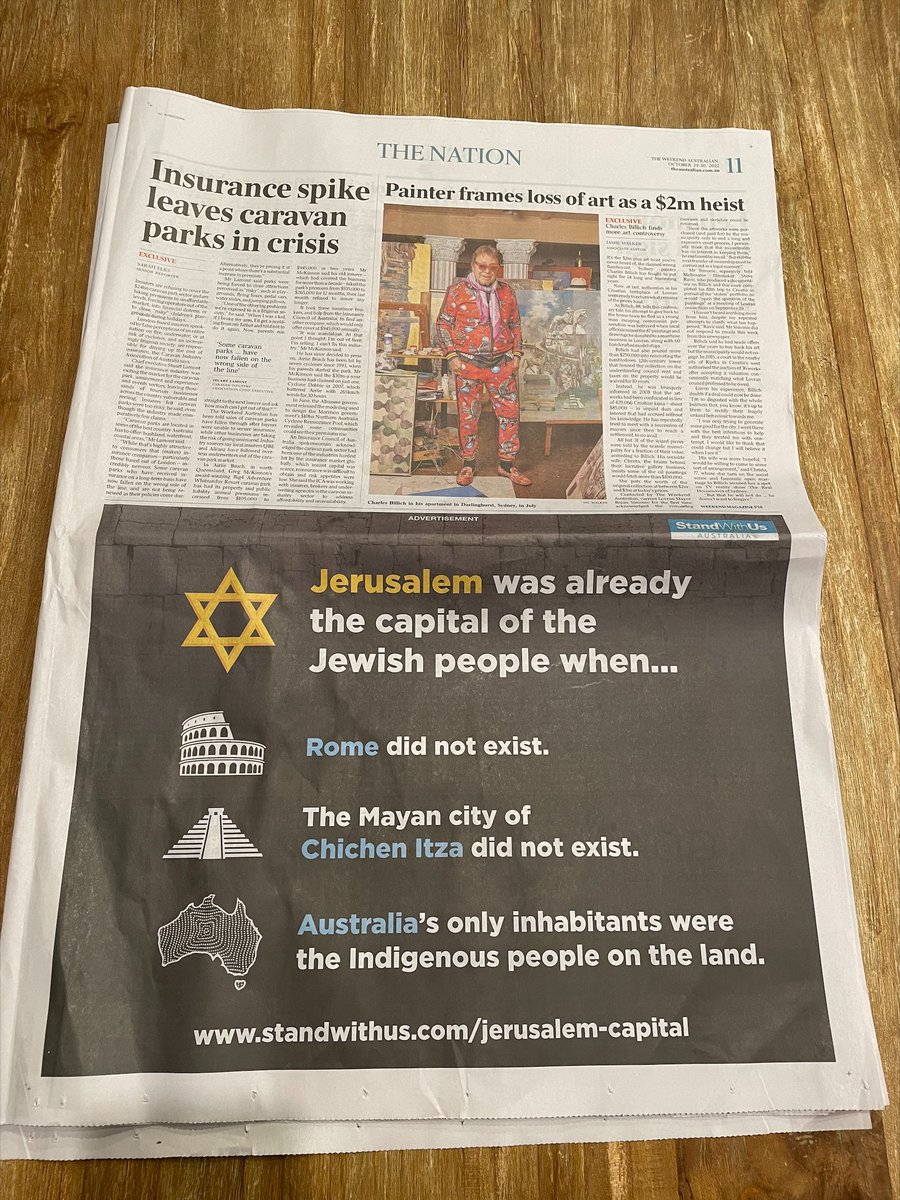 Michael Dickson (@michaeldickson) on Twitter photo Last week, the Australian government withdrew recognition of Israel’s capital.
This weekend, <a href="/StandWithUs/">StandWithUs</a> responds with a half page ad in the The Australian newspaper, distributed nationally.
Join the campaign for Jerusalem here: standwithus.com/jerusalem-capi… Last week, the Australian government withdrew recognition of Israel’s capital.
This weekend, <a href="/StandWithUs/">StandWithUs</a> responds with a half page ad in the The Australian newspaper, distributed nationally.
Join the campaign for Jerusalem here: standwithus.com/jerusalem-capi…