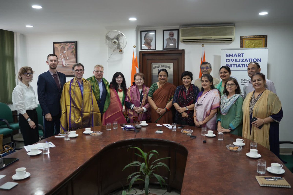 JNU_official_50's tweet photo. A delegation from the Russian Academy of Sciences, Moscow met VC Prof. Santishree D. Pandit exploring academic collaborations with JNU. Among other things VC stressed that the Russian institutions must consider replacing Oriental Studies with Indic Studies for academic purposes. https://t.co/yLOpevwrZf