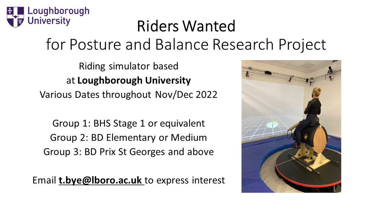 I'm looking for riders to take part in my PhD research project based at Loughborough University and in collaboration with <a href="/DrDavidMarlin/">Dr David Marlin's Animalweb</a> and <a href="/SMARTSaddles/">SMART Saddles</a>. Please email me if interested and feel free to retweet/share.