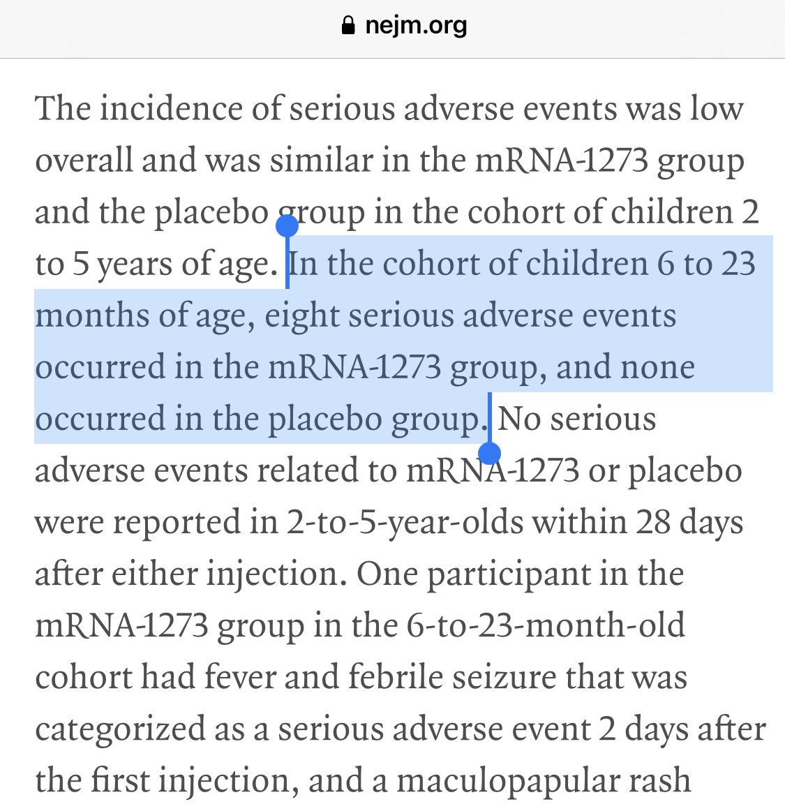 Fauci funded study in NE Journal of Medicine finds 8 serious adverse events among 1700 toddlers given the mRNA shots!

Zero in the placebo group.

Significant risk of serious adverse event for vax of dubious efficacy for a virus that poses only a small risk for ages 6-23 months.