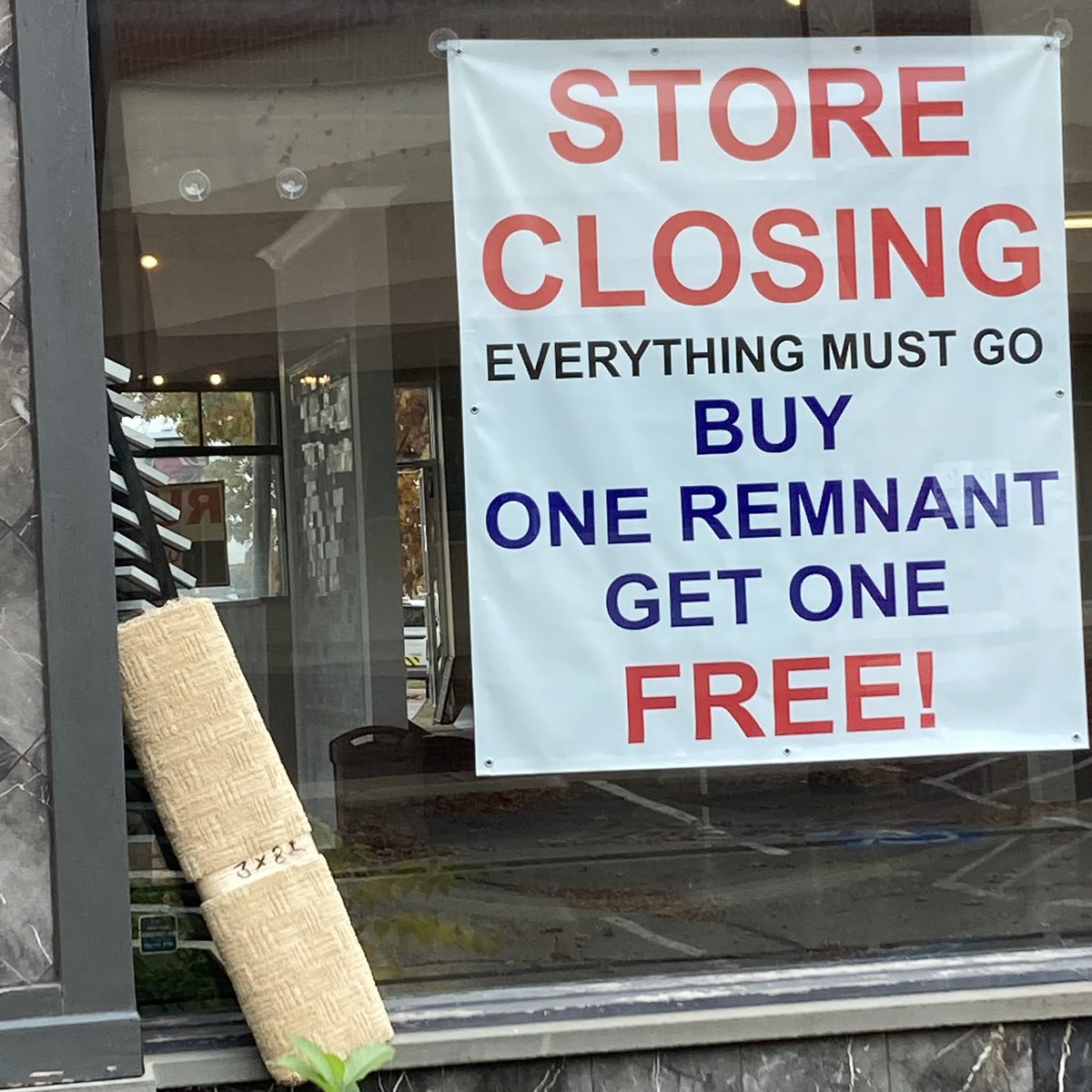Duncan4FC's tweet photo. At S. West &amp; W. Broad, up the street from our CFC home, is a rug store that’s been advertising a liquidation sale for most of the past three decades. Finally, it looks like the end is near. Demolition is expected in early ‘23 of this building and the defunct drug store next door. https://t.co/4YYSe8QkNa