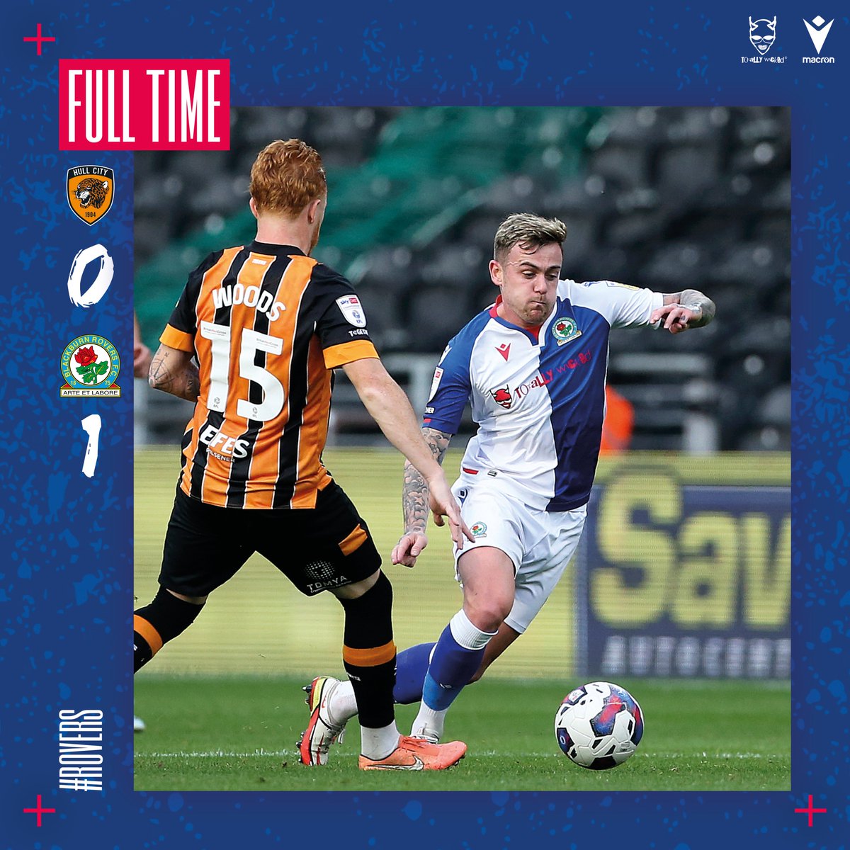 Rovers's tweet photo. ⏱️ Full-time: #hcafc 0-1 #Rovers

A single Szmodics strike sends us back to Lancashire with the points!

#HULvROV 🔵⚪️ https://t.co/7PRimehsUz