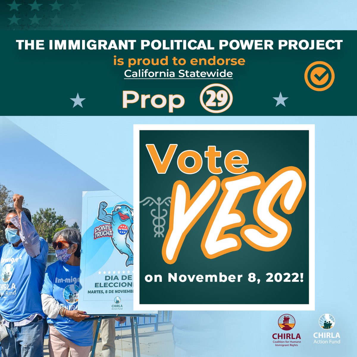 chirlafund's tweet photo. We support #Prop29! Vote yes to require licensed medical professionals at kidney dialysis clinics & establish more state requirements.
☑️ View our complete voter guide at: https://t.co/vH7BIBf1Qs
#YesonProp29 #YesOn29 #Elections2022 #PonteTrucha #ImmigrantPoliticalPowerProject https://t.co/FuXN0yhr56