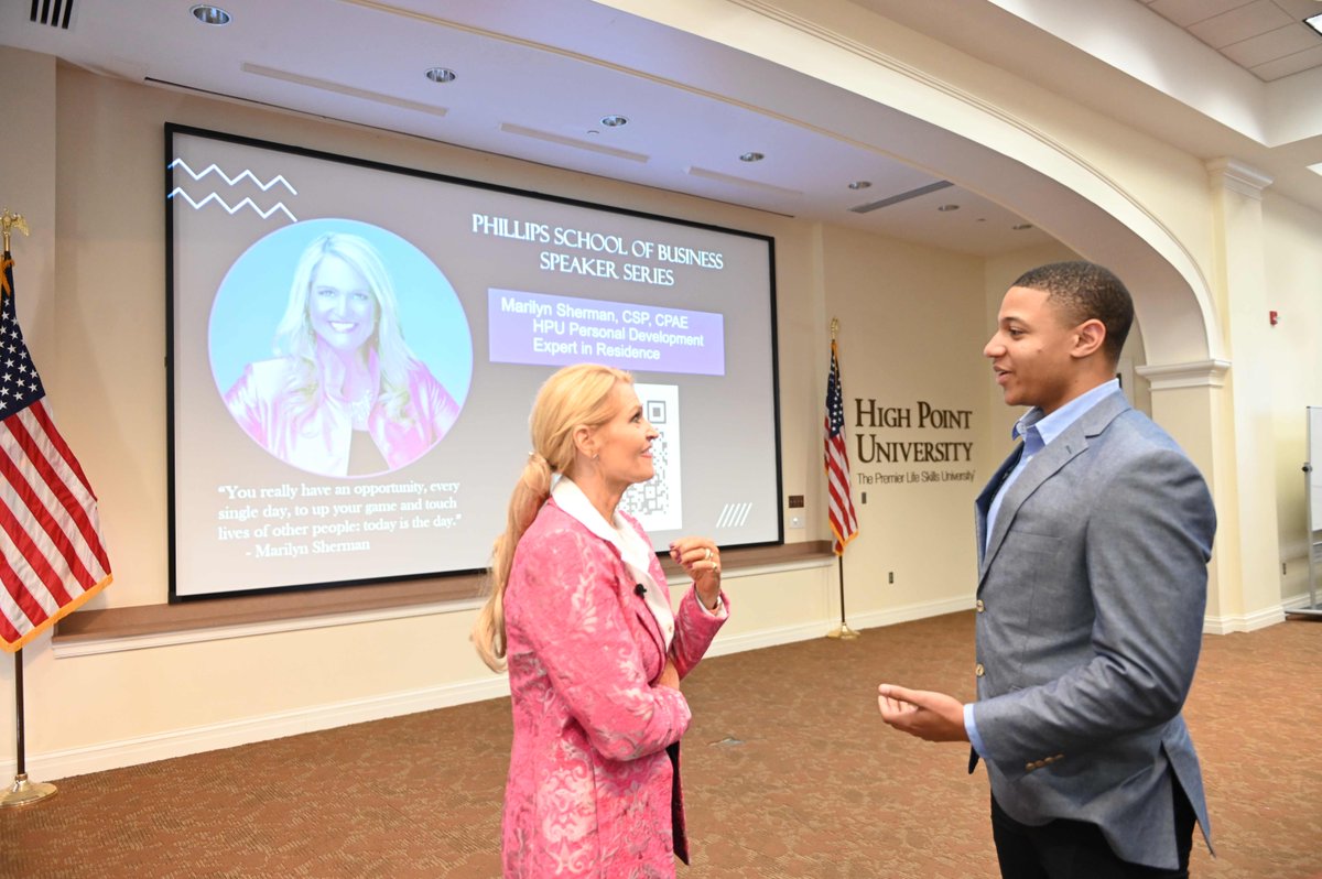 HighPointU's tweet photo. Life skills development in action! This week, HPU's Personal Development Expert in Residence Marilyn Sherman, Hall of Fame speaker, visited campus to mentor students across majors! 🤝 #HPU365 #AccesstoInnovators https://t.co/vWsnDxYq8G